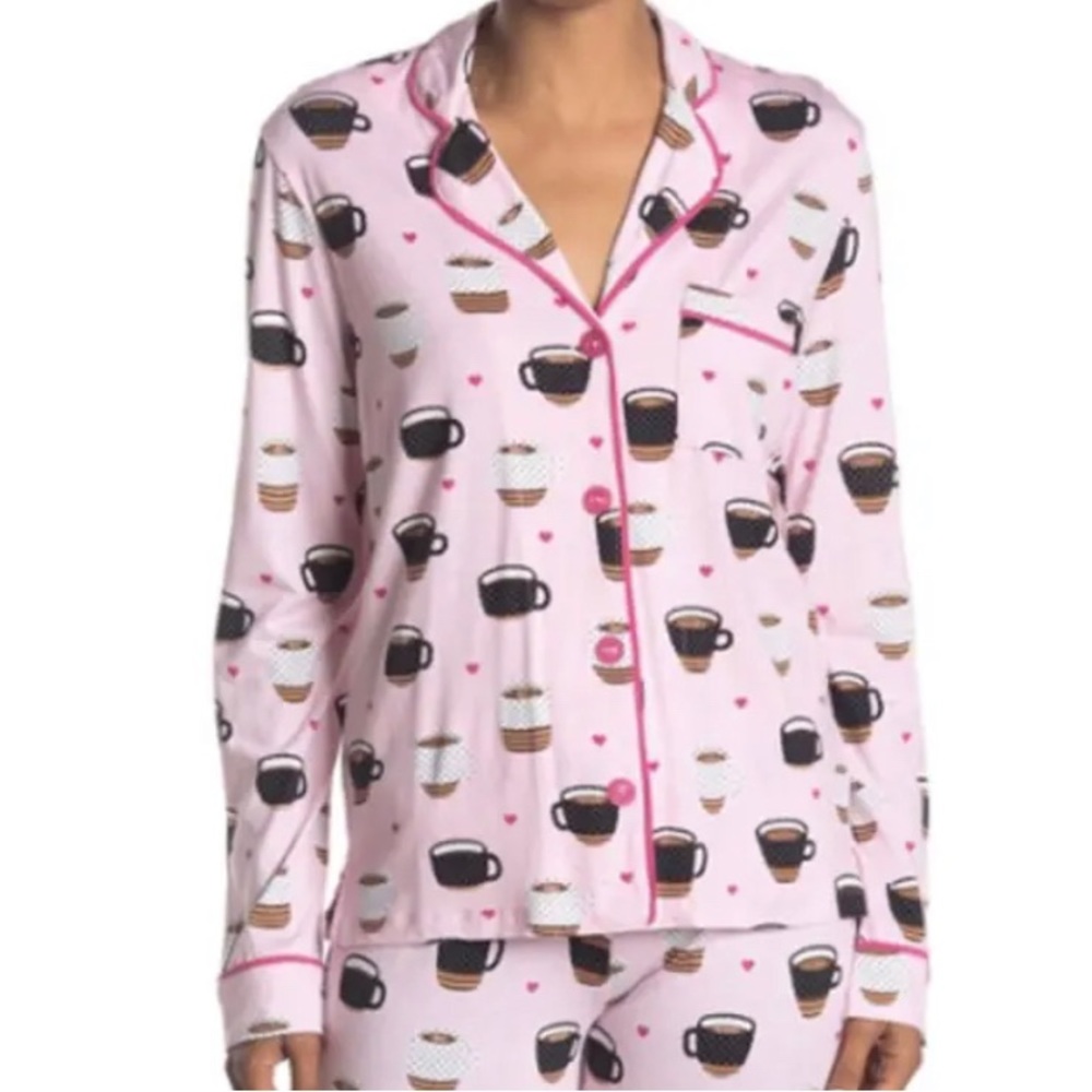 Cozy Zoe Printed Coffee Cups Pink Print Shirt PJ Top Only Small NWT 5651